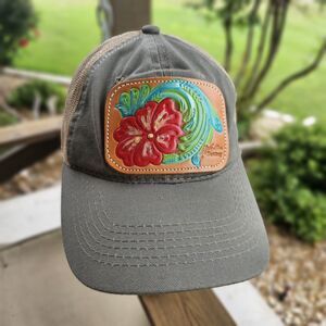 McIntire Saddlery Tooled Brown Leather Patch Cap Hat Adjustable Western Ranch
